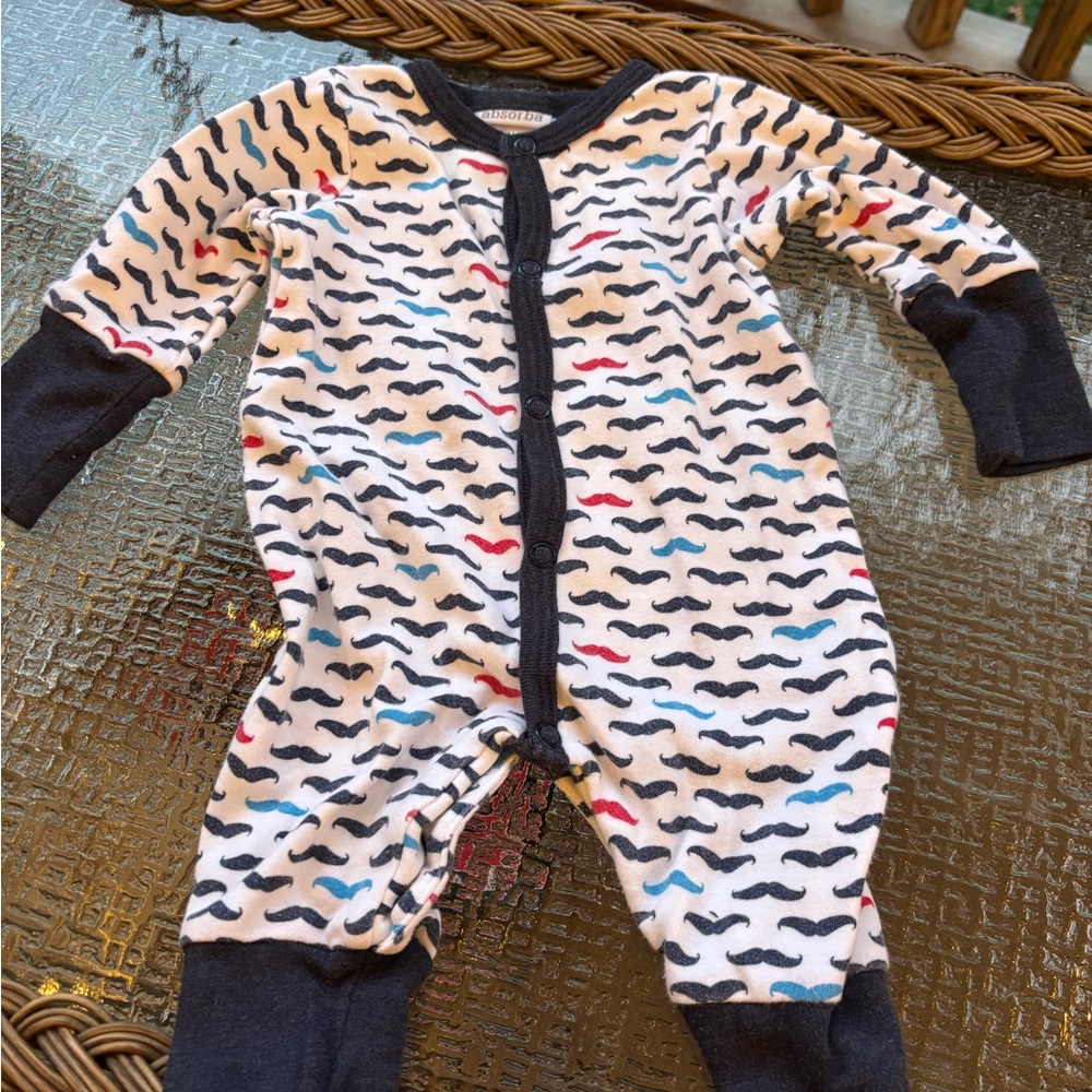 Absorba White Footed One-Piece with Navy Trim and Multicolor Mustache Print